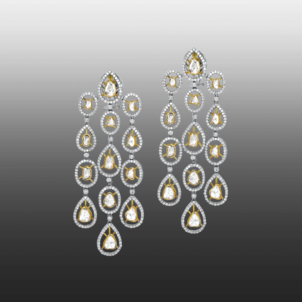 Chandelier Earrings with Pear-Shaped Polki and Diamond Halo